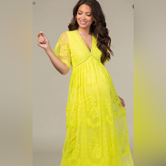 Pinkblush Dresses & Skirts - Pinkblush Neon Lime Lace Mesh Overlay Maternity Maxi Dress Size L